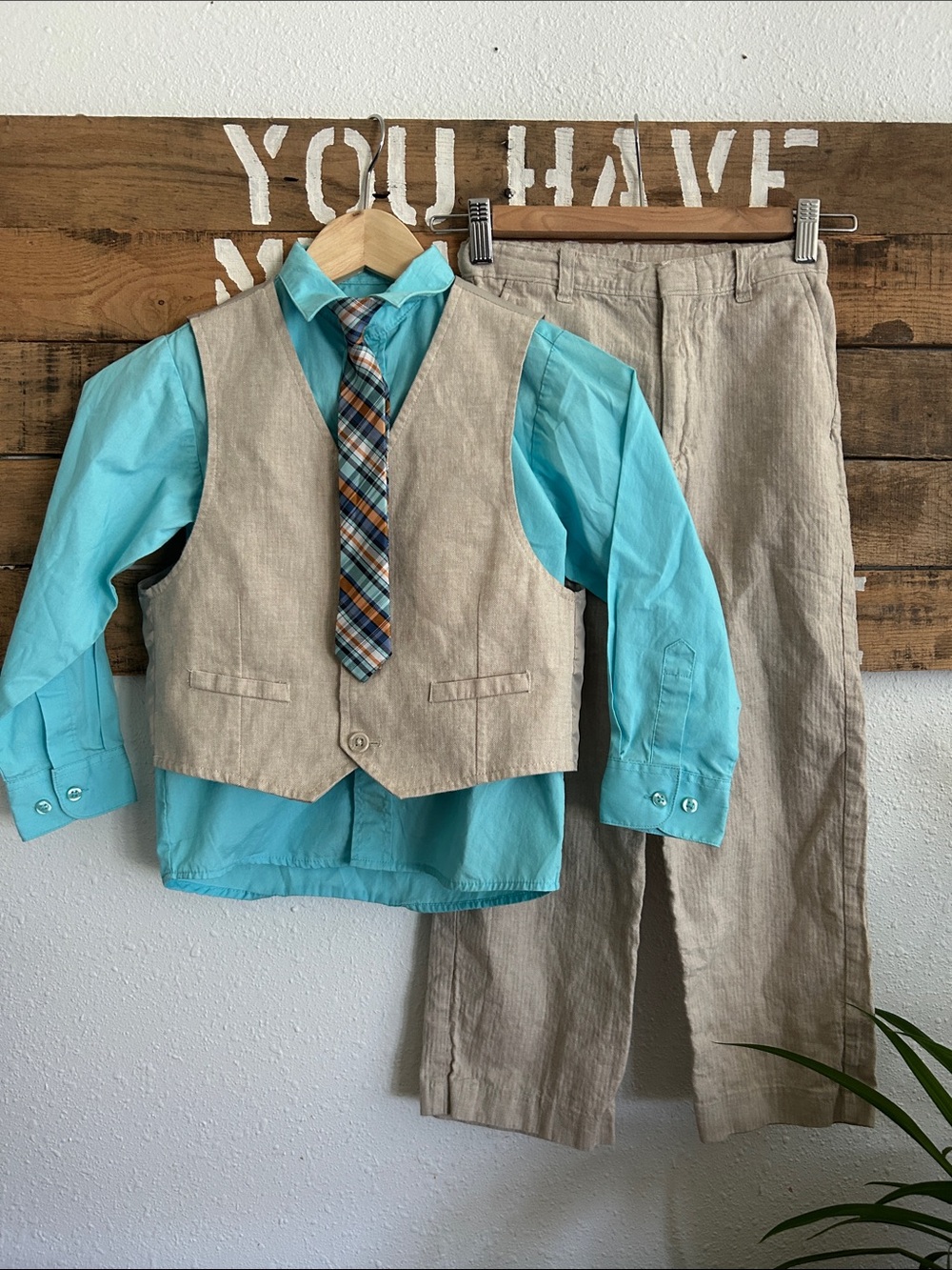Kenneth Cole Reaction Boys Turquoise Dress Shirt with Tan Vest, tie and pants